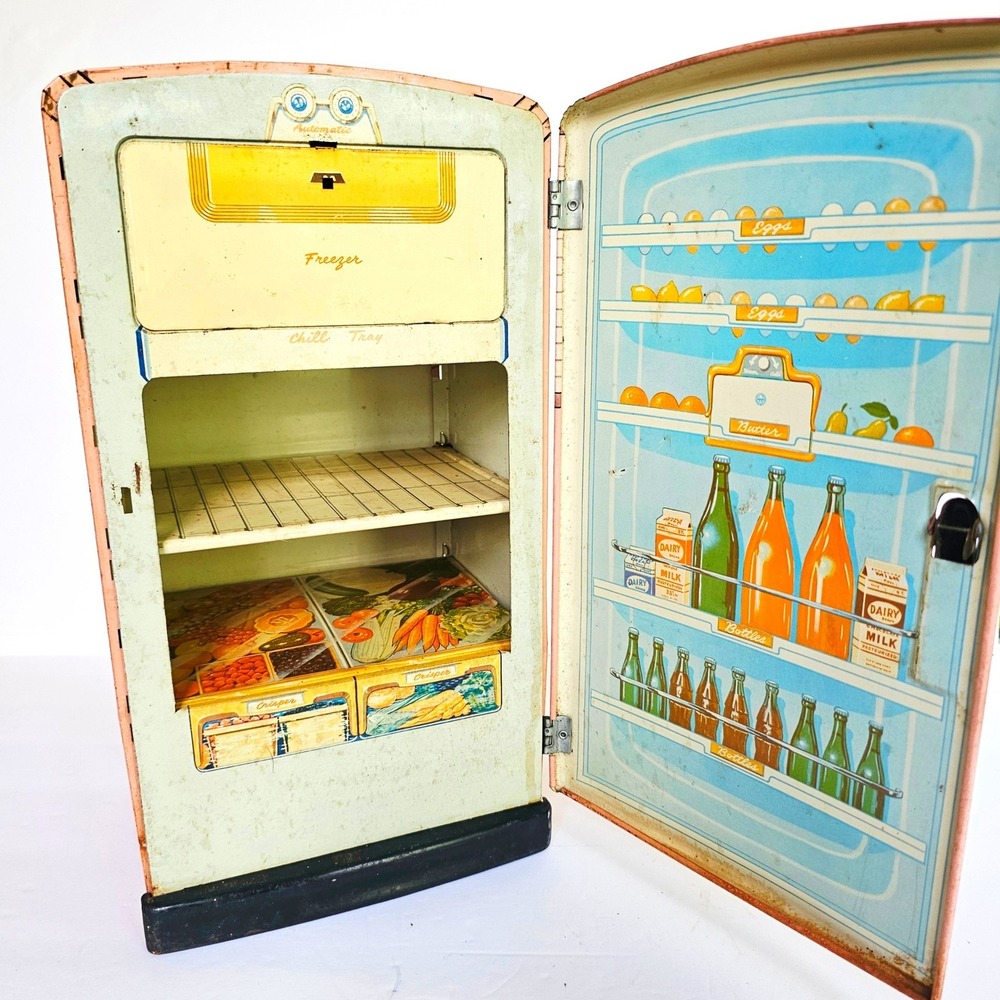 1950s Wolverine Tin Litho Toy Refrigerator Pink Retro Kitchen Mid Century Modern